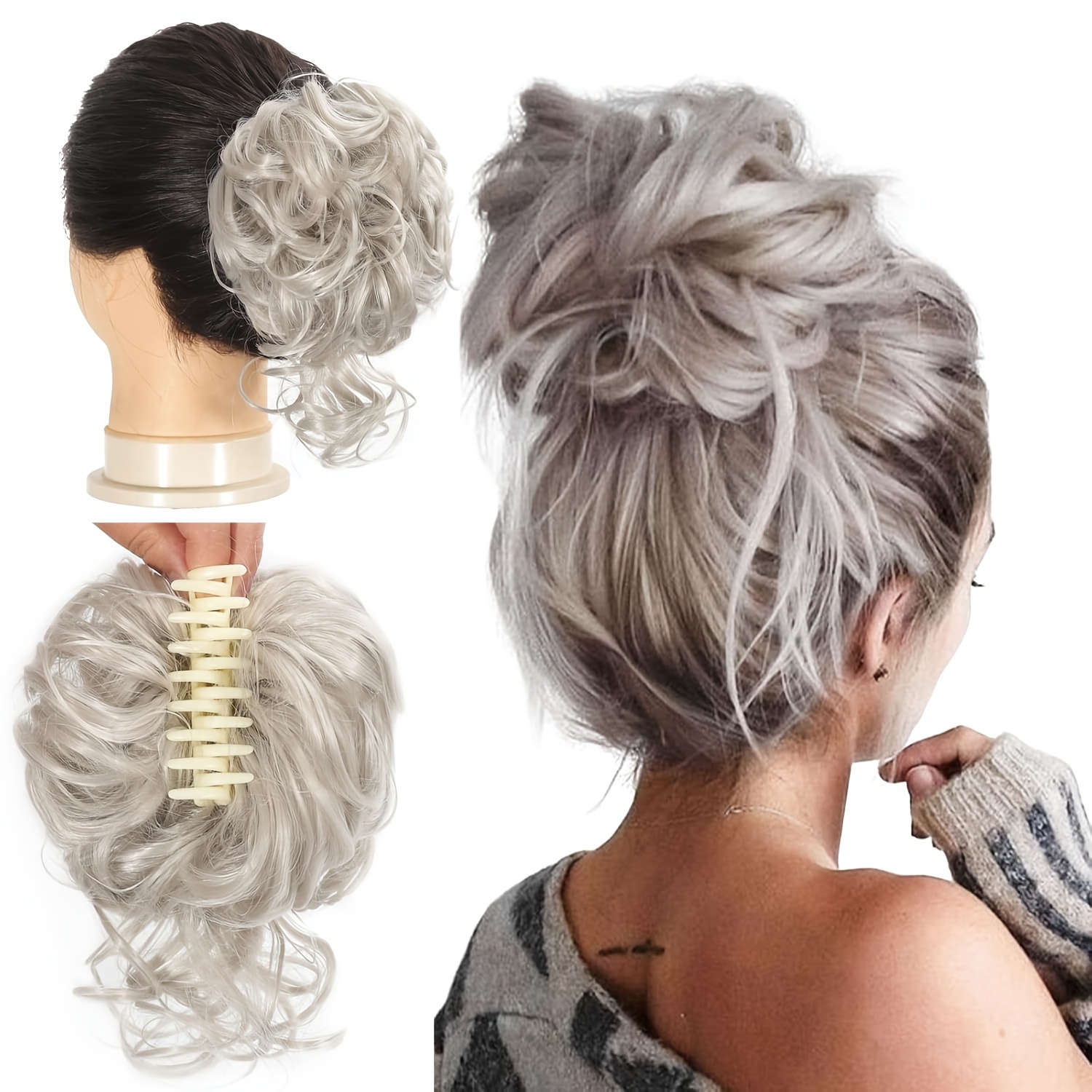 TEMU Chic Messy Bun Hairpiece For Women - Claw Clip Updo With Curly Wavy Synthetic Extensions, Versatile & Easy To Style