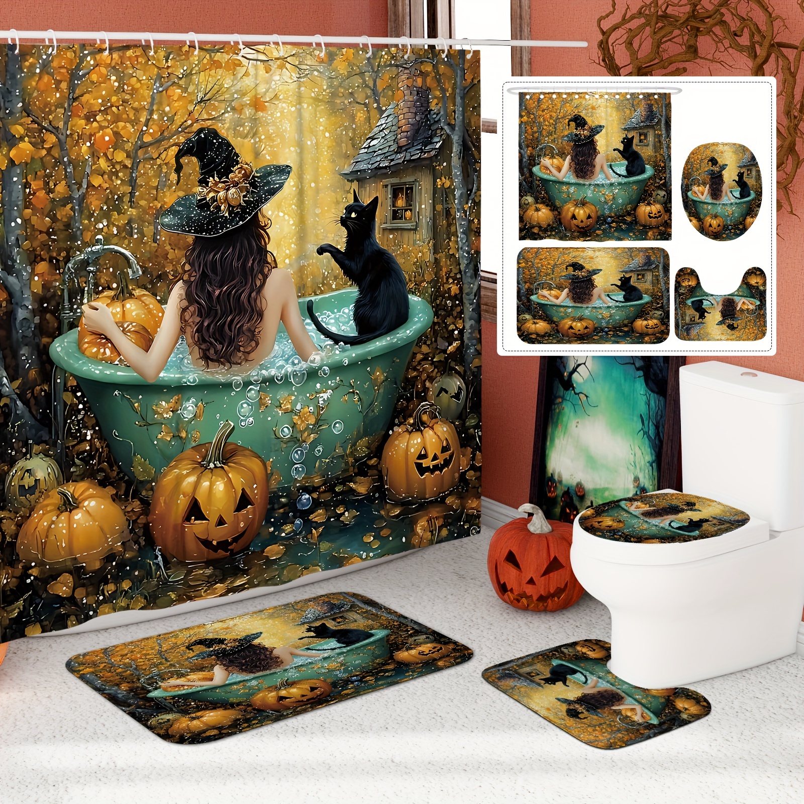 

Festive Shower Curtain Set: , Black Cat, Pumpkin, And Leaf Baths In Blue, Black, And Orange - Waterproof Polyester, Washable, For Autumn Bathroom Shower Decor With 12 Hooks And Non-slip Bath Mat