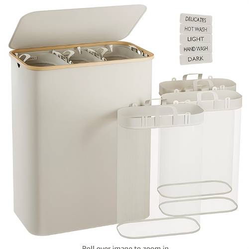 a 160l laundry basket with a lid featuring a large capacity handles and three removable inner bags this collapsible laundry basket is storing dirty clothes during graduation season and used in laundry rooms bedrooms and dorms in black gray blue beige and gray with five sorting labels making it a storage assistant laundry baskets