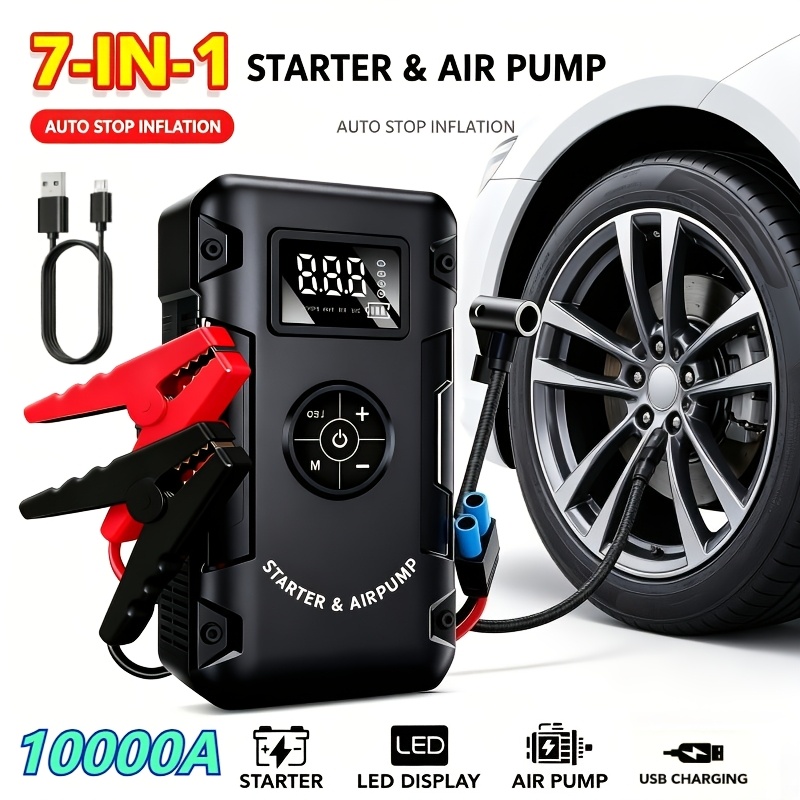TEMU 10000a 7-in-1 Car Jump Starter With Built-in 150psi Digital Tire Inflator Air Pump, Portable 12v Auto Battery Booster For 6.0l Gas & 3.0l