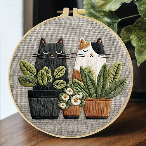 embroidery kit 20 x 20cm 7 9 x 7 9 inches two cats handmade diy embroidery kit suitable for beginners contains embroidered cloth manuals embroidered stretch and needlework suitable for holiday gifts for friends or