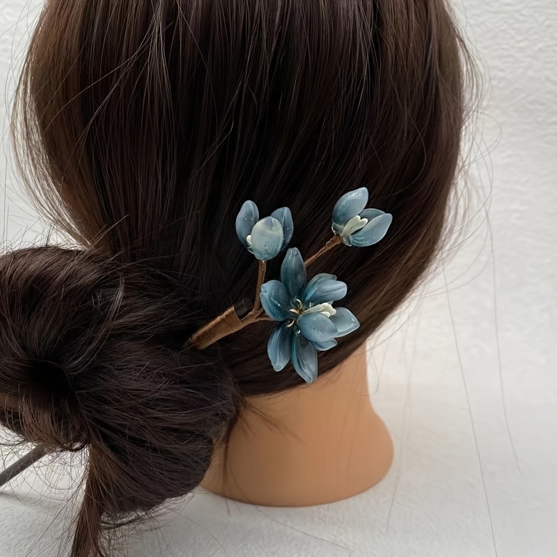 elegant vintage floral hairpin blue white glass flowers - Temu