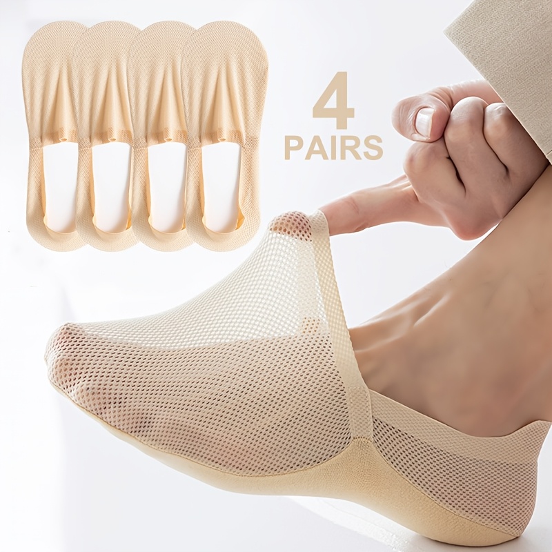E-shop 4 Paar Damen Hellpfirsich Bootssocken, Sommer Dünner Stil, Low-Cut Unsichtbar Rutschfest, Atmungsaktive Mesh Eis Paar Bootssocken, Geeignet für