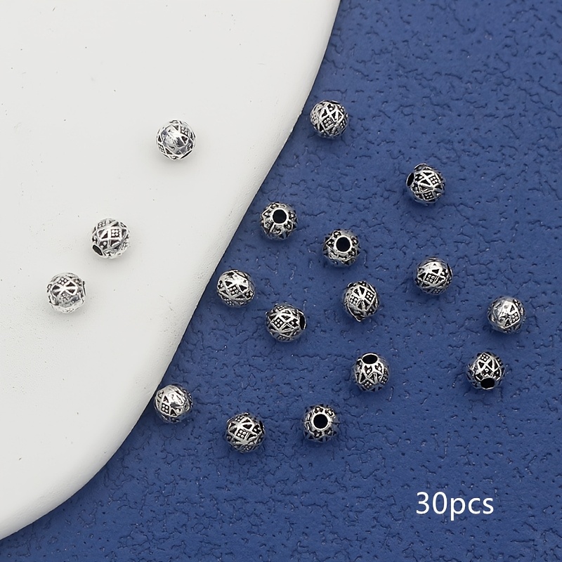 Image of 30pcs Mini Patterned Round Beads Vintage Silvery Small Hole Beads Beaded Loose Beads Beads Decorative Beads Diy Crafts Bracelets Necklaces Ornaments Accessories