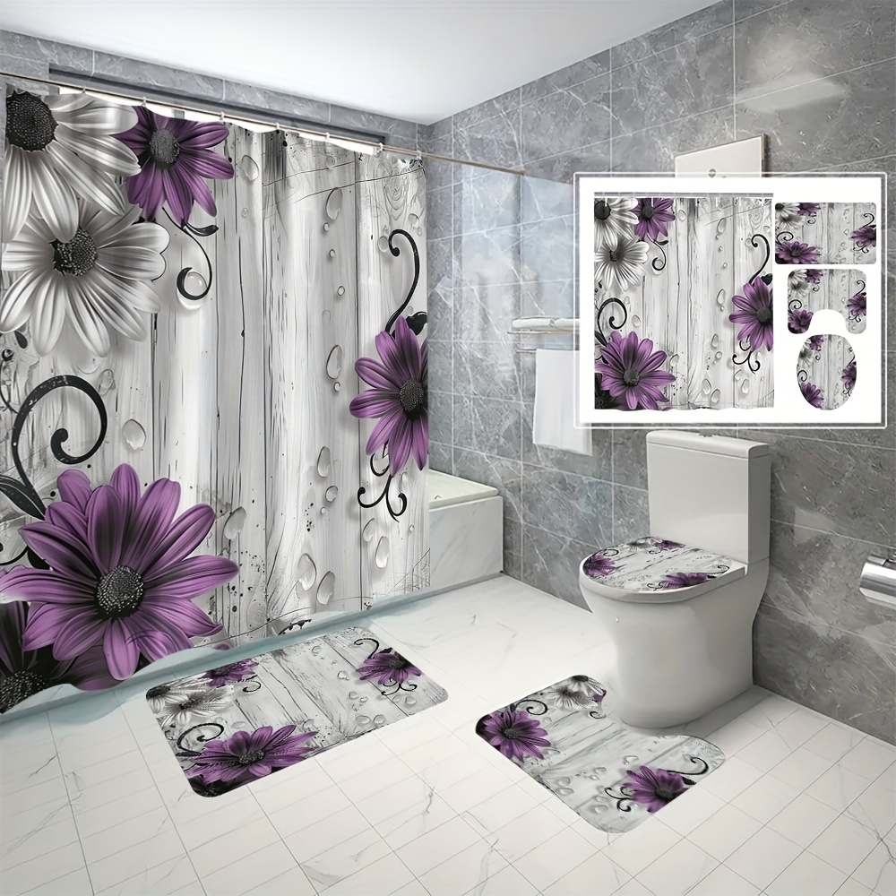 

4pcs Purple Flower Bathroom Curtains, Digital 3d Printed Waterproof Shower Curtain Set, Bathroom Curtains Without Punching Shower Curtains