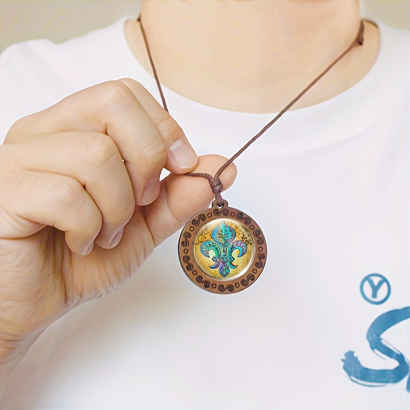 Handcrafted Wooden Round Badge Pendant Necklace, Unisex