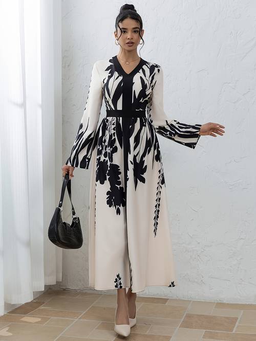 2026 spring new european and black and white print v neck long sleeve dress for women waist cinching satin midi dress versatile and elegant high end commuting and dates