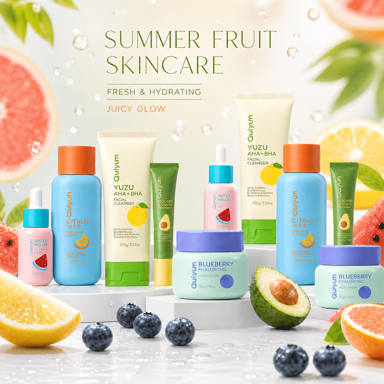Image of Quiyum Summer Fruit Skincare , Daily Routine. Aha Cleanser, Citrus Vit-c Toner & Blueberry Moisturizer For , Hydrated Skin