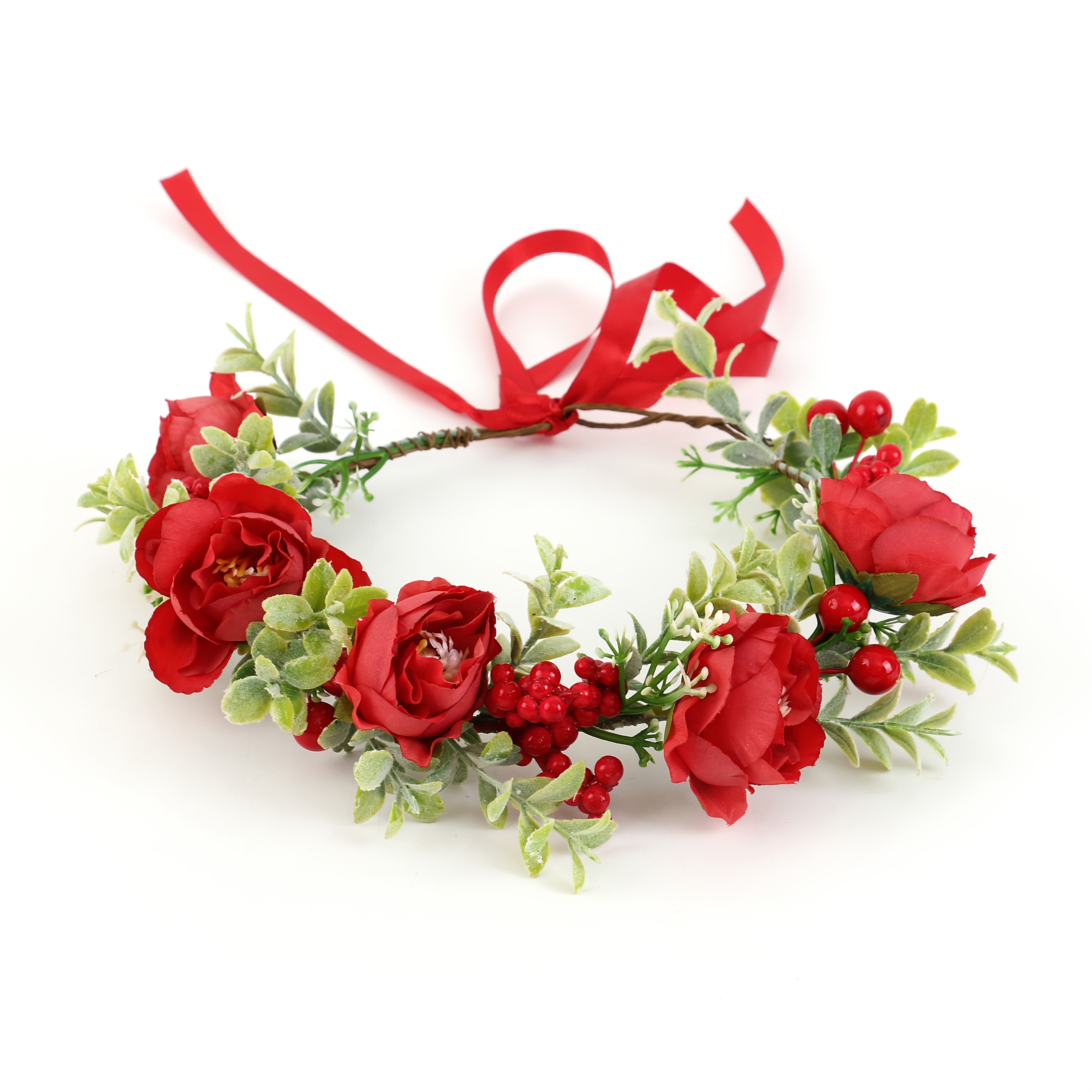 E-shop Ein rotes Stirnband mit einem floralen Kranz, bestehend aus künstlichen Rosen und roten , für Weihnachten, Neujahr und Valentinstag. Dieses