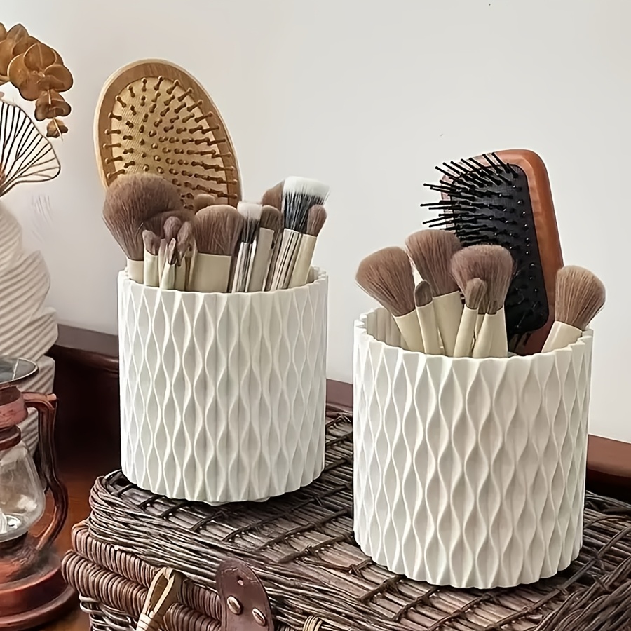 

1pc 360° Rotating Makeup Brush Holder - Textured White Plastic Organizer For Brushes, Combs & Accessories | Ideal For Vanity, Bathroom & Desk Storage, Makeup Vanity Desk