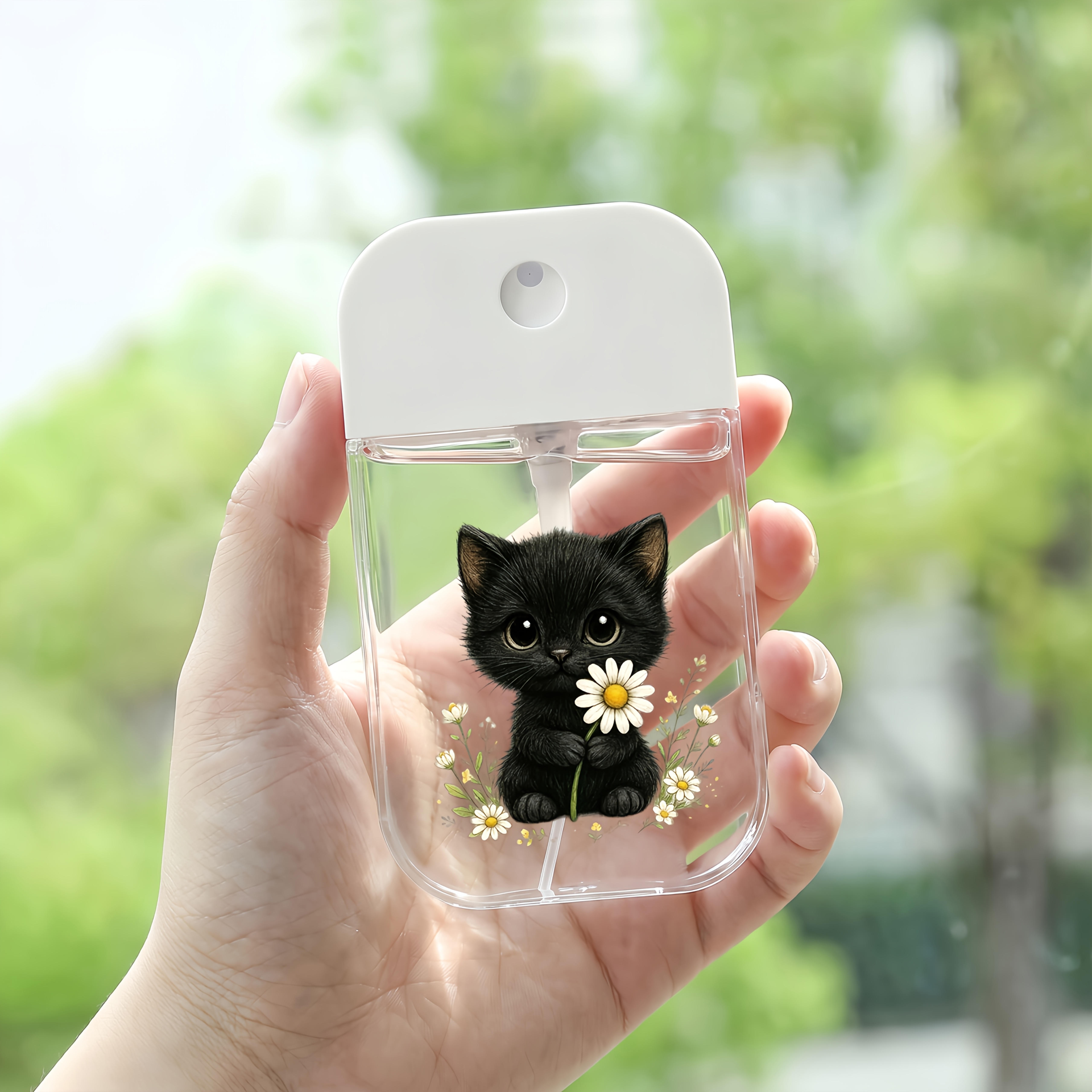 TEMU Cute Black Cat Print Transparent Spray Bottle - Refillable Fine Mist Sprayer Suitable For Travel, Portable Refillable Dispenser With Kitten,