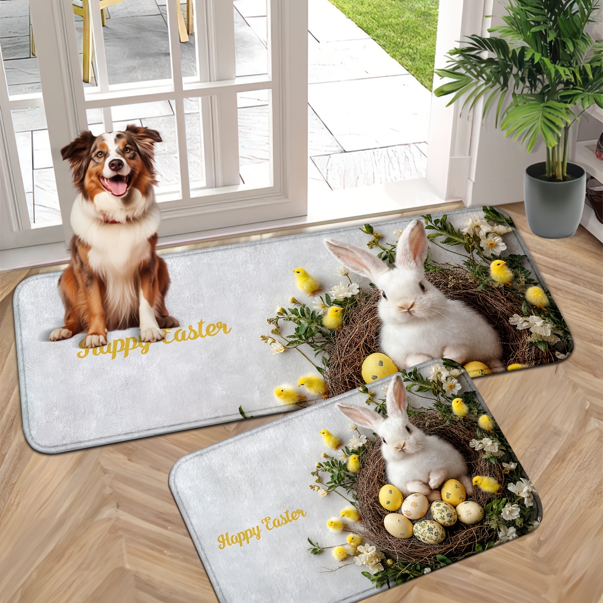 

Easter Bunny And Egg Non-slip Washable Indoor Door Mat - Polyester Rug For Entryway, Kitchen, Bathroom, Or Laundry Room Decor