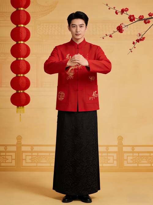 a minimalist mens traditional tang jacket in chinese red featuring golden dragon embroidery and vintage chinese buttons celebrating festival showcasing and festive parties chinese size