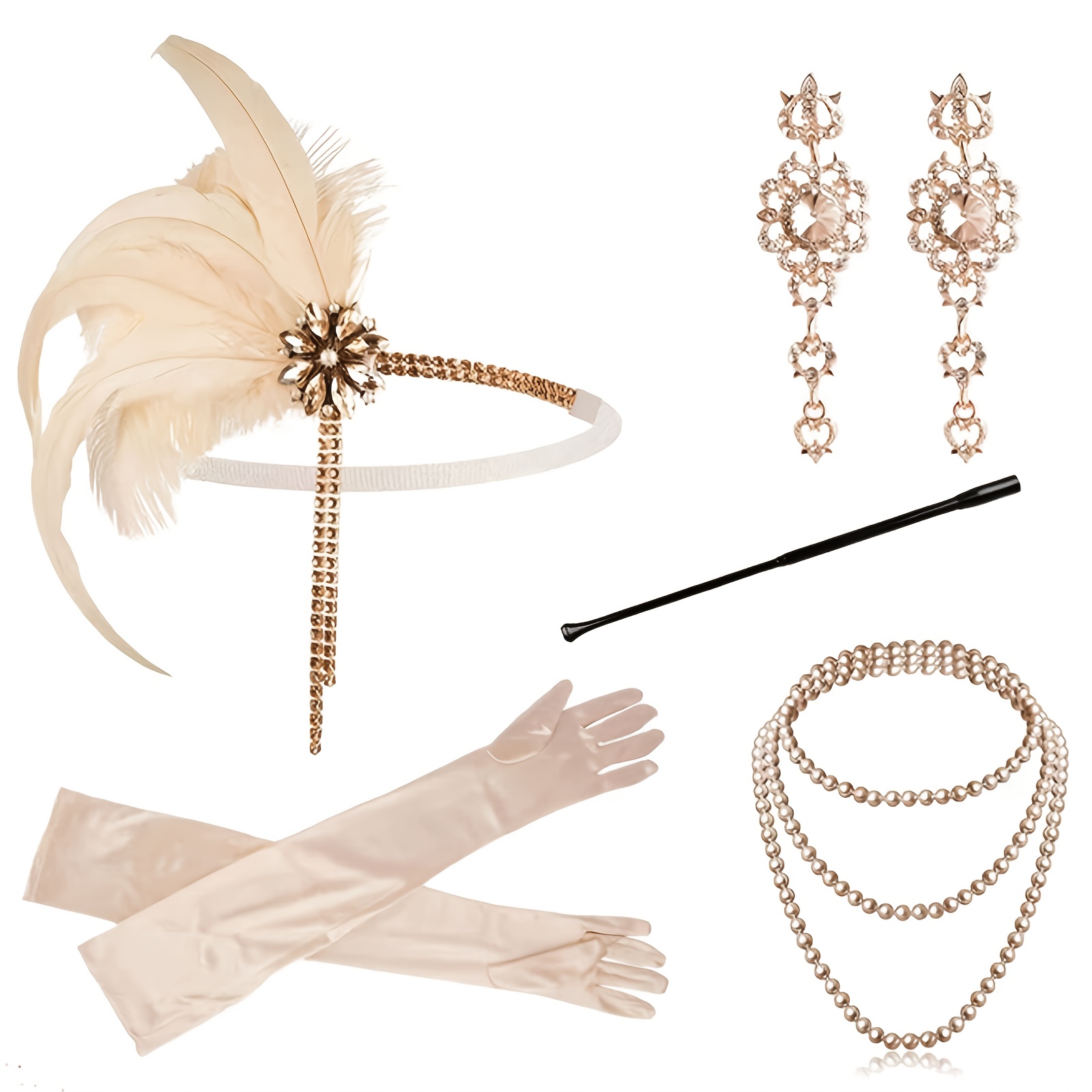TEMU Flapper Accessories From The 1920s, Roaring 20s Party Accessories, Flapper Costume Set Including Headband, Necklace, Gloves, Earrings, Stand,