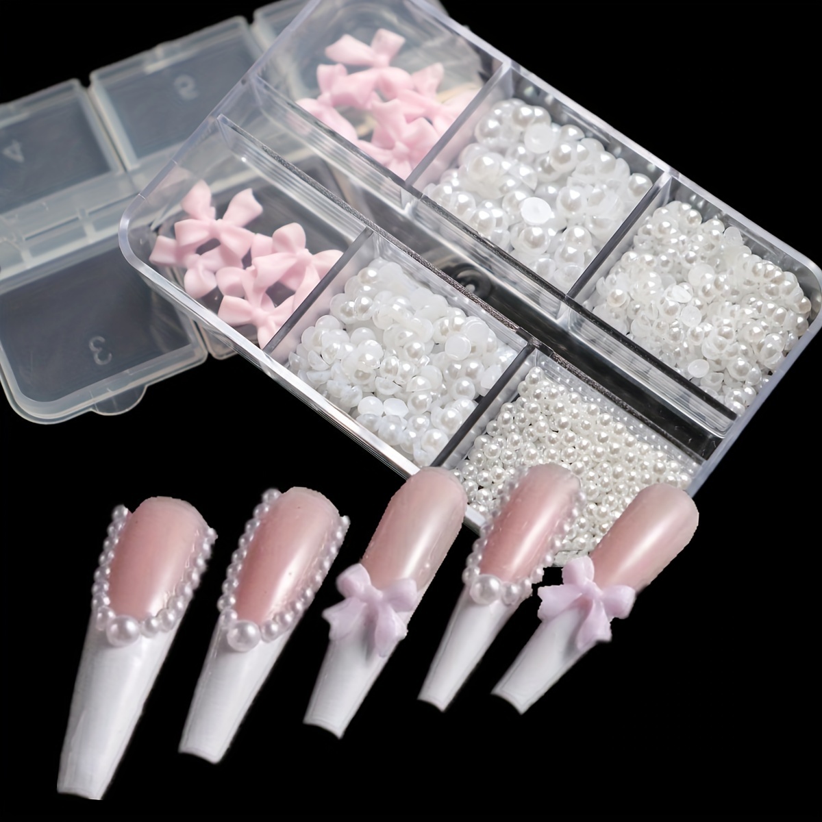 

1 Box Kawaii Mini Bow 3d Cute Nail Art Decorations White Pearls Nails Charms Designs Pink Bowknot Resin Nail Accessories