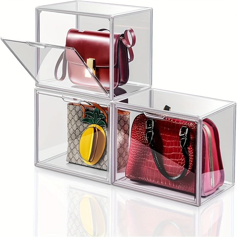 TEMU 3pcs Purse Display Case Handbag Storage Organizer Clear Acrylic Stackable Dustproof Storage Box With Magnetic Door, For Collectible Figures,