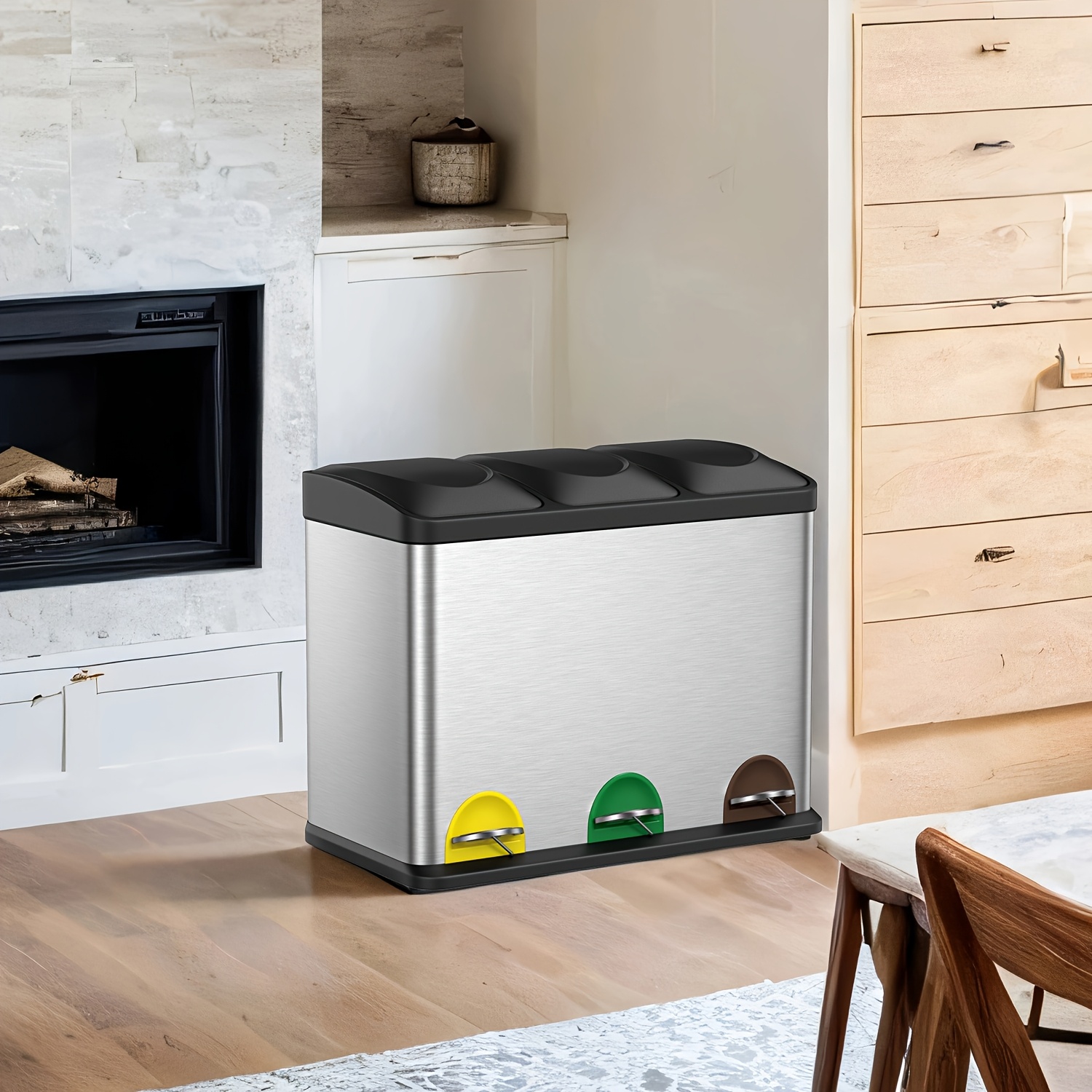 Image of Trash Can 3 Compartments, Waste , Trash Can, Pedal Bin Made Of Metal, 3 X 15 , Pedal Trash Can With Lid, Silvery-black