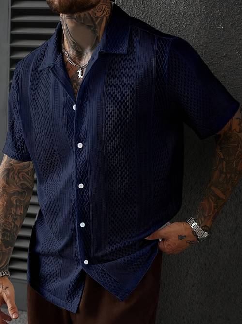 mens solid color knitted short sleeve shirt