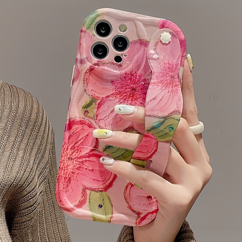 TEMU Phone Case: Oil Painting Rose-pink Floral White Cream Case, Wrist Stand Phone Case, , Suitable For 16/16 Plus/16 Pro/16 Pro Max/ Plus/15 Pro