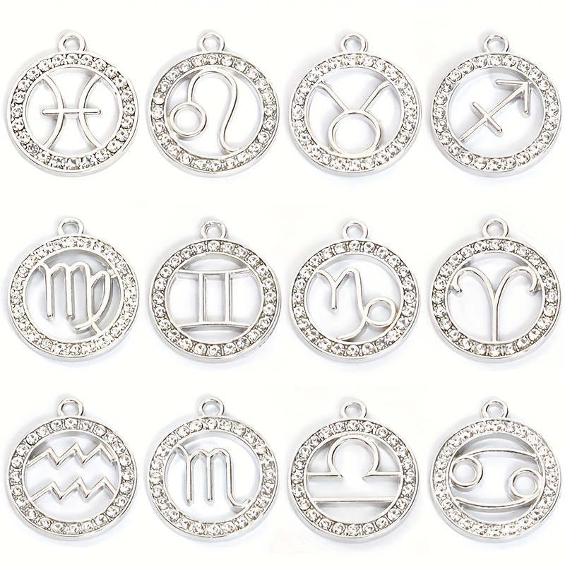 TEMU Confezione da 12 ciondoli rotondi traforati con design dei dodici zodiacali intarsiati con strass , adatti per portachiavi fai da te da e da