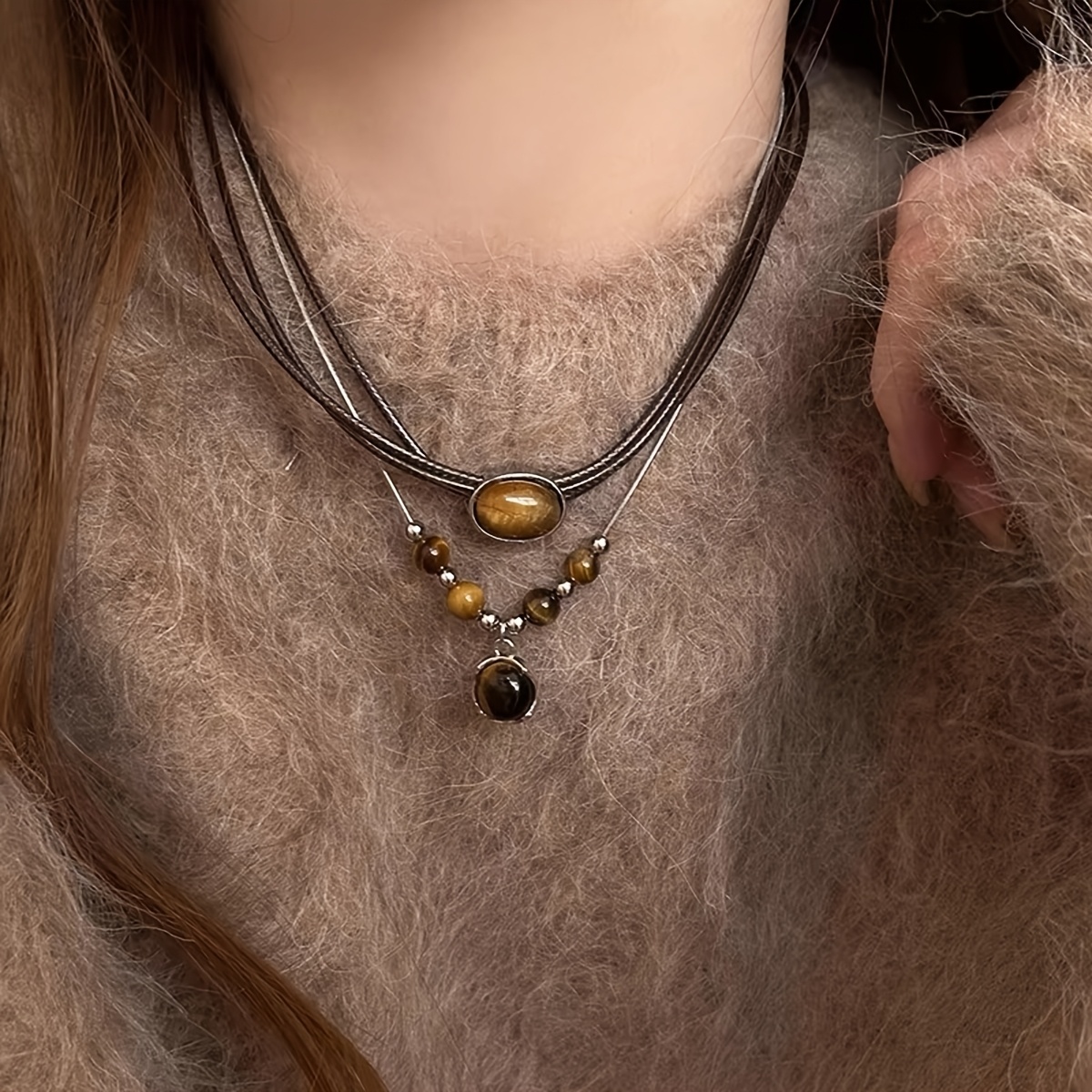 

2pcs/set Separable Autumn/winter Retro Tiger Eye Stone Necklace Women's Sweater Chain Light Luxury Small Crowd Stackable Chic Clavicle Chain Accessories