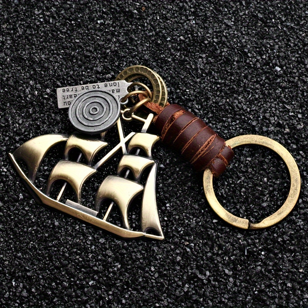 Image of Fashion Charm Retro Handmade Woven Genuine Leather Sailboat Keychain Easy Alloy Additions Men's Keychain