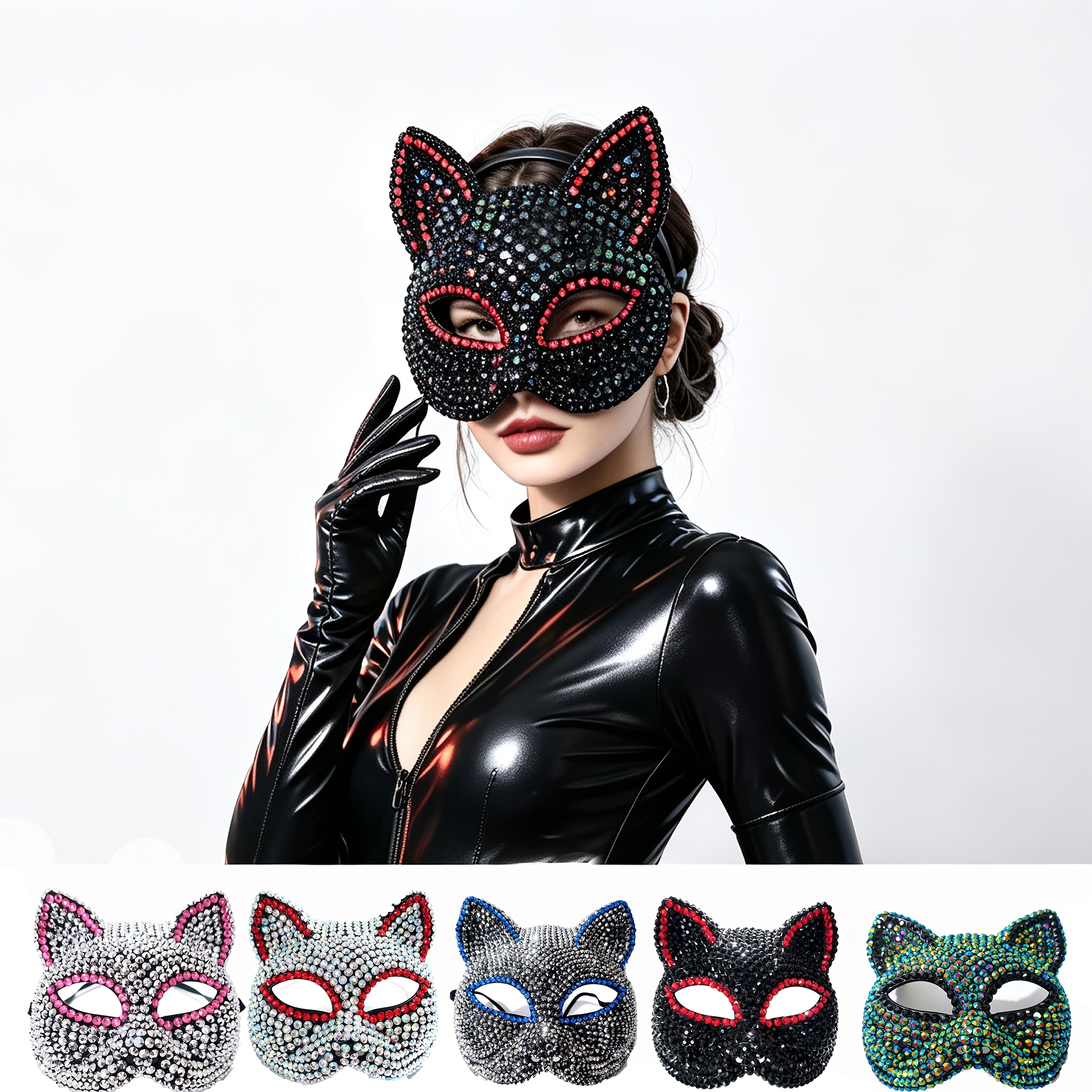 Color-Block Trim Rhinestone Cat Ear Mask with 3D Ears
