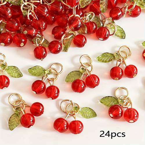 24pcs red imitation cherry charms pendant additions for earring necklace making jewelry craft and additions christmas gift new year present valentines day best gift