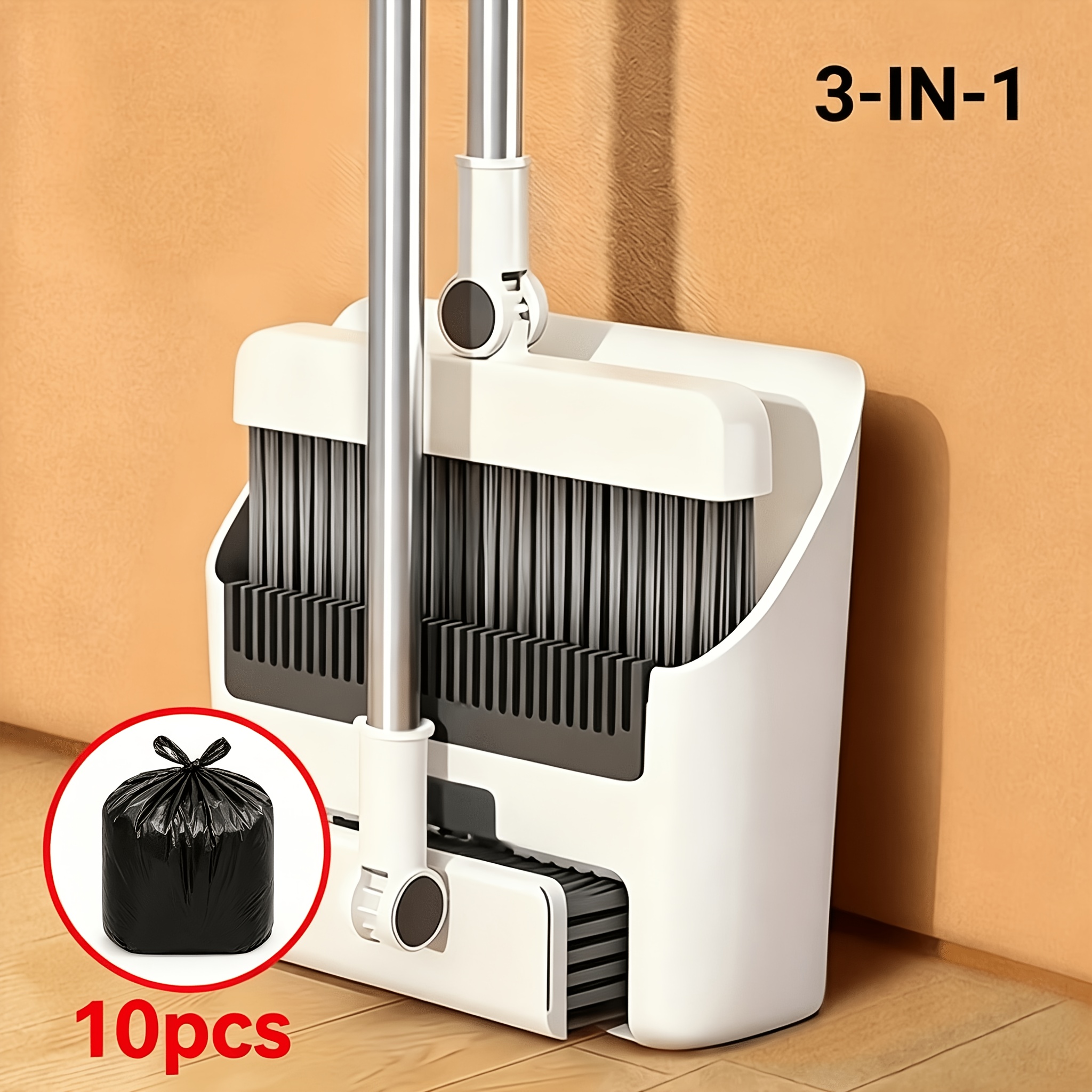 TEMU 3-in-1/2-in-1 Foldable Broom Set With 10 Free Trash Bags; Cleans Hard Floors Without Picking Up Hair; Features A Thickened Long Handle; Swivels