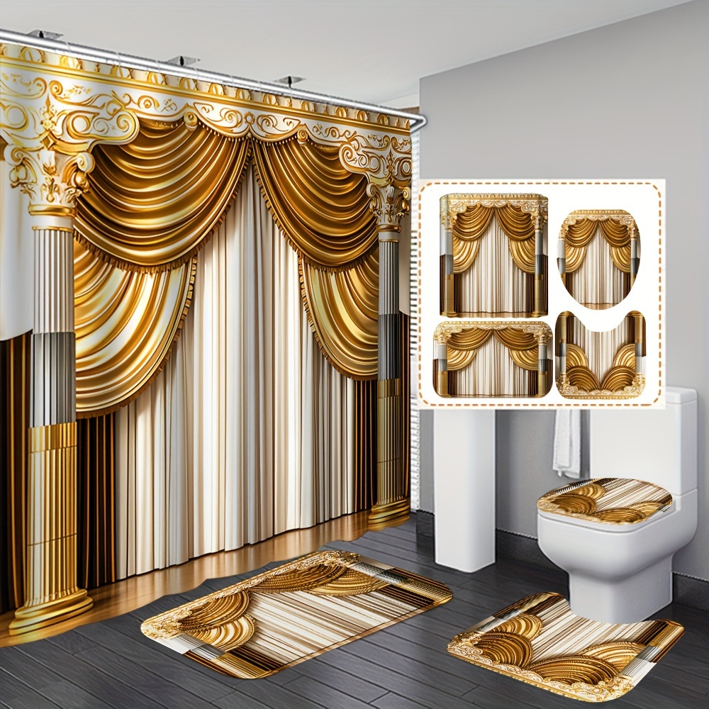 

Luxurious Noble Patterns Bathroom Set - 1/4pc Shower Curtain With 12 Hooks, Non-slip Rug, U-shaped Toilet Mat & Lid Cover - Washable Polyester, All-season