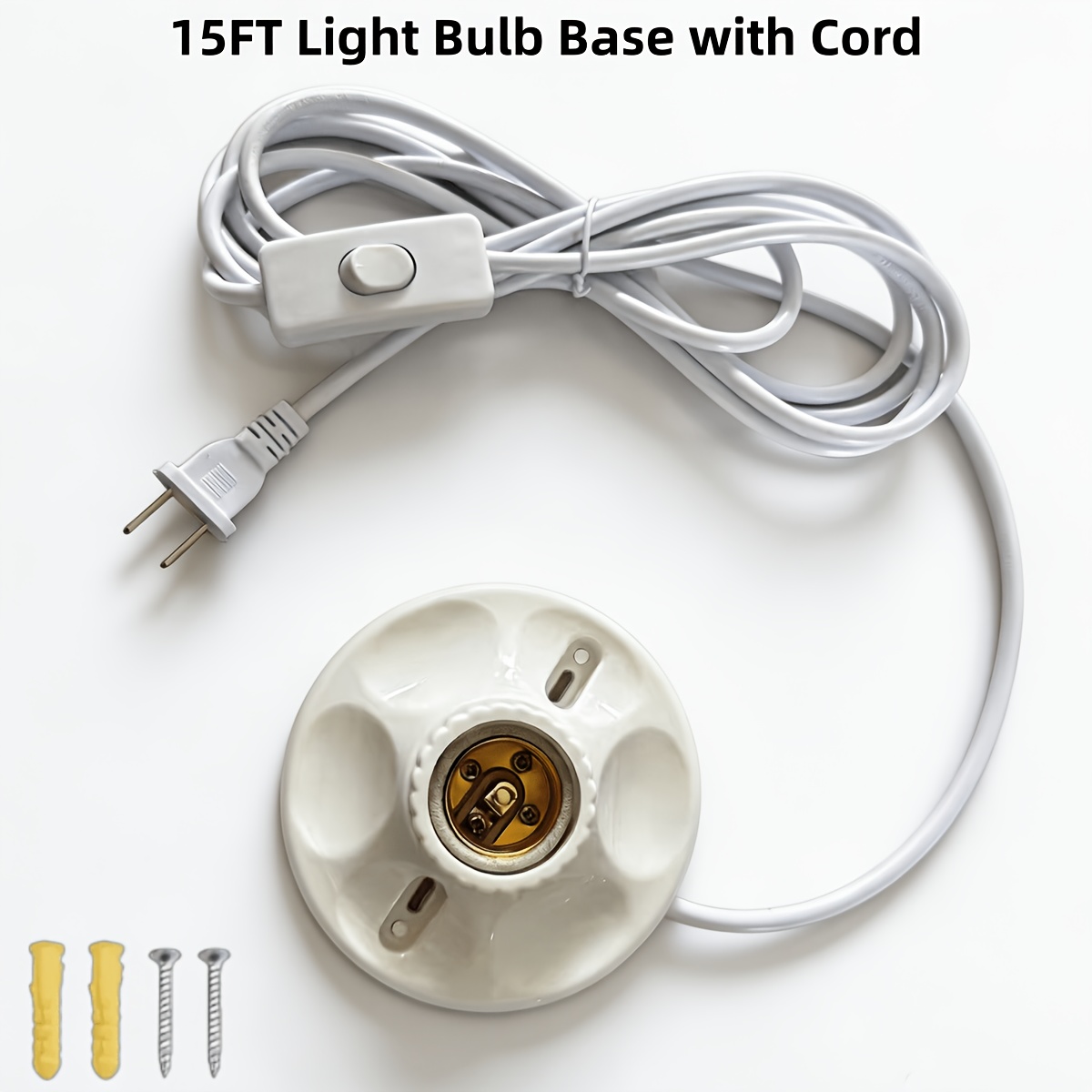 TEMU 15ft Light Bulb Socket With Cord, E26/e27 Lamp Base Desktop Light Socket Screw /off Switch Hanging, Light Socket, Light Bulb Socket, Plug In