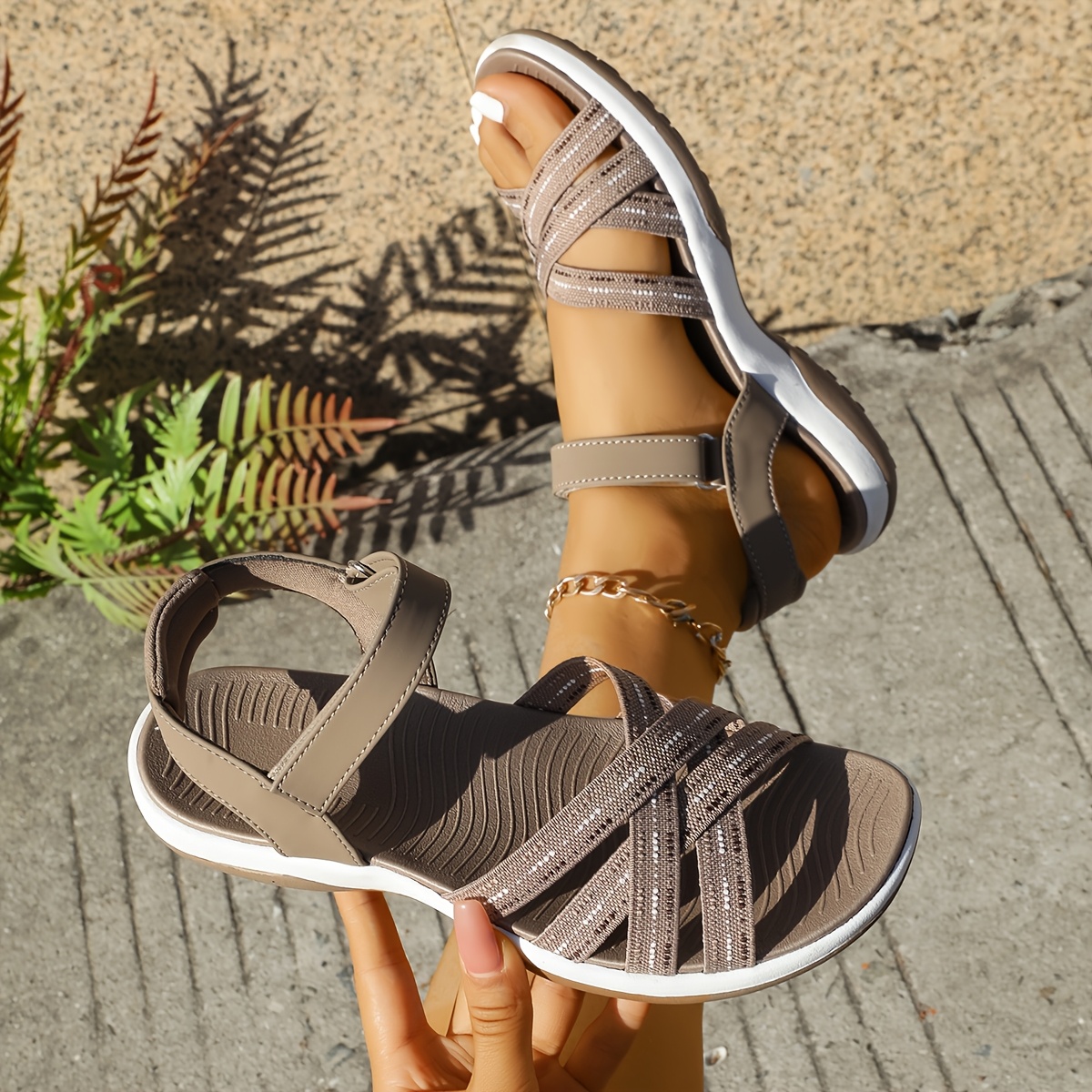 TEMU Sandales plates légères et sportives pour femme avec motif à sangle, amorti et style , Chaussures pour femme