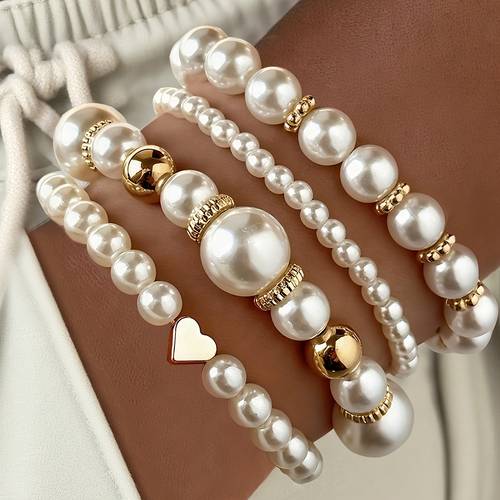 4pcs elegant vintage minimalist womens ccb imitation pearl beaded elastic bracelet set with heart element suitable for daily wear vacation parties weddings and holiday gifts stackable design