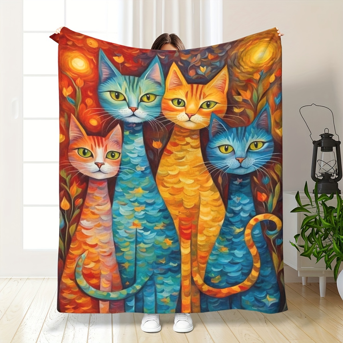 

Contemporary Reversible Cat Throw Blanket - Geometric Pattern, Mixed Color, Knitted Polyester, Multipurpose, , 100% Polyester, 200-250g Fabric Weight