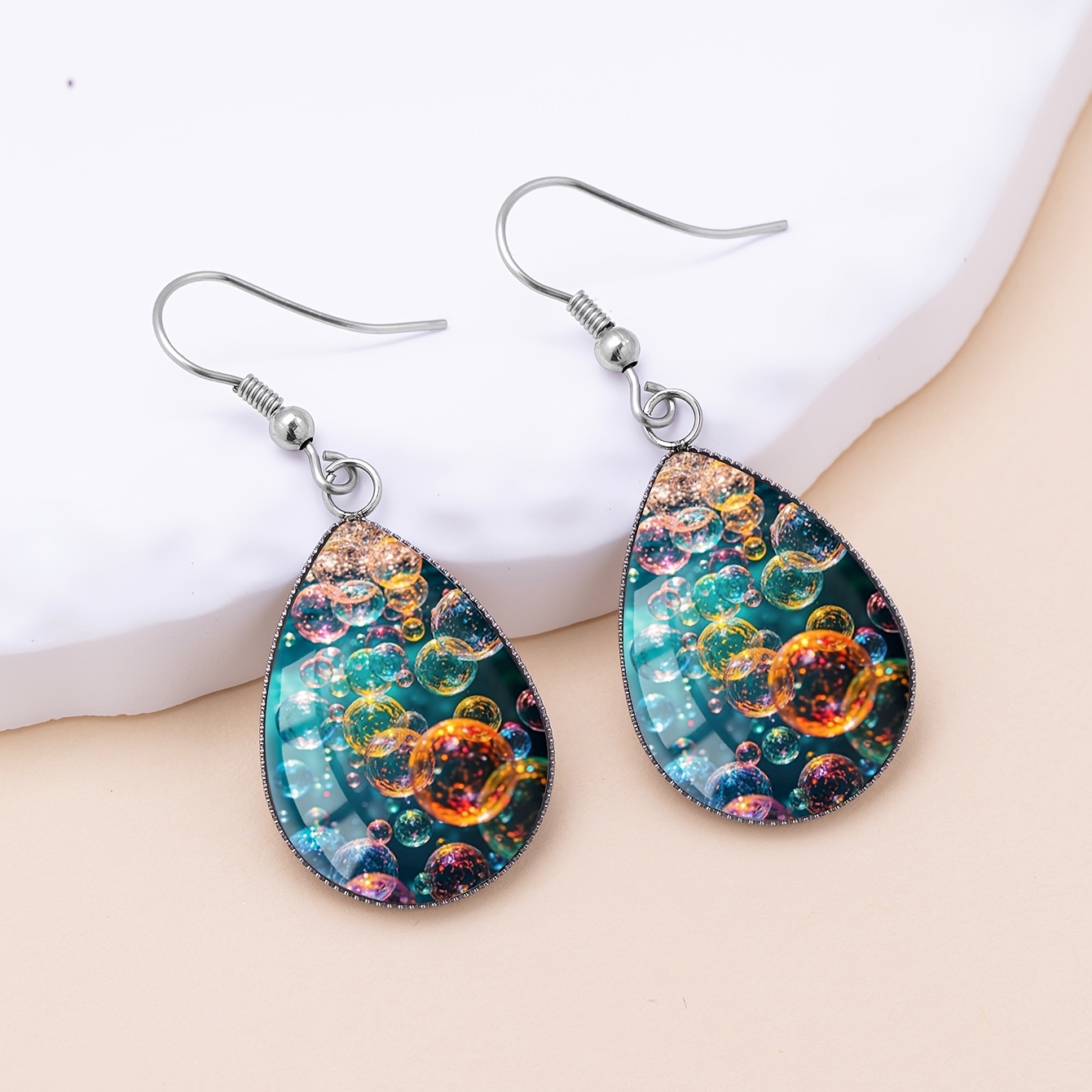 Iridescent Bubble-time Gemstone Pattern Teardrop Earrings, Stainless Steel
