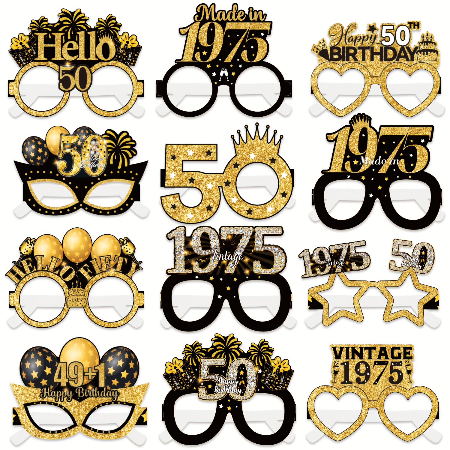 12pcs 50th birthday decorations funny 1975 party sign black golden birthday glasses paper material universal occasion no electricity required no feathers with gift pattern for 50th birthday celebration   room outdoor photo decoration