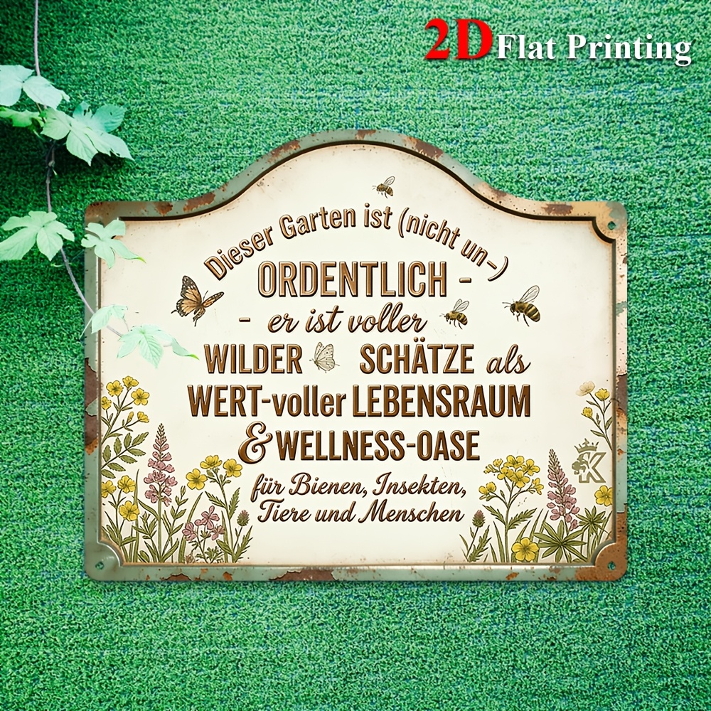 TEMU 2d Flat - 1pc Vintage German Garden Sign | 2d Flat Metal Sheet Painting, Irregular Shape, Frameless, Wall Hanging, Style, Inspirational Theme,