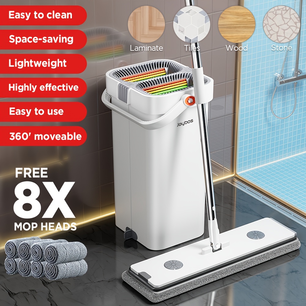 40cm Mop And Bucket With Wringer Set For , Use, Wash Flat Floor Mop With Clean & Chambers Bucket, 8 Total Rewashable Microfiber Pads, For Types, Windows, And Wall, Ideal Gifts