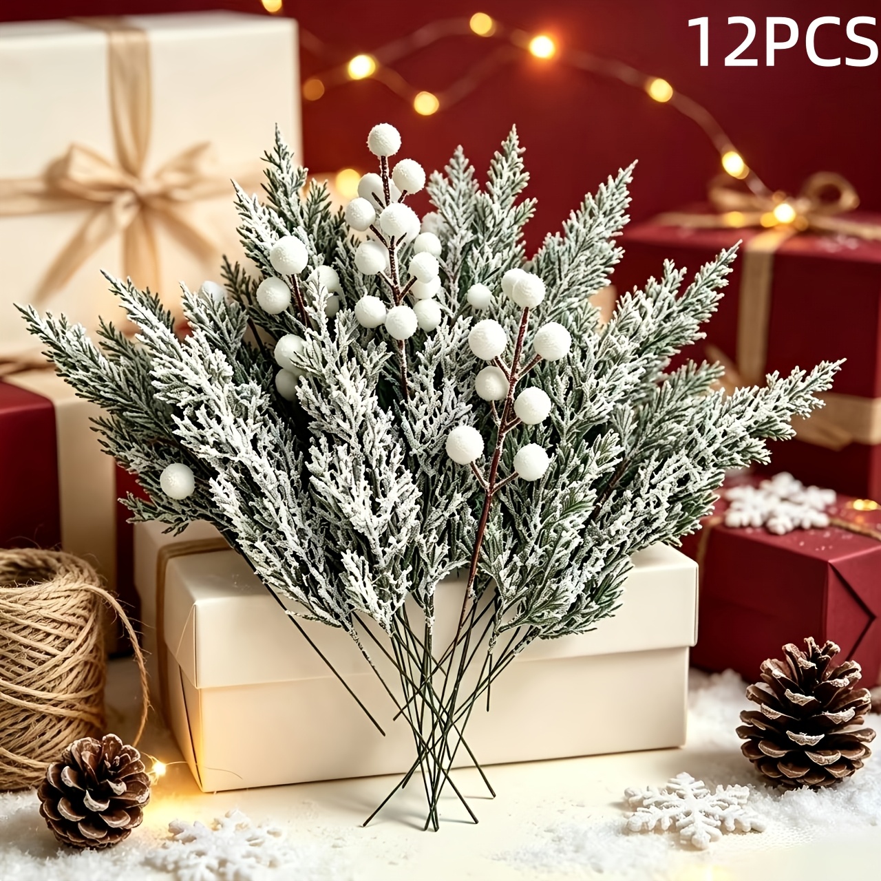TEMU 12pcs Exquisite Artificial Christmas Cedar Decoration Set, Including 8 Cedar Branches And 4 White Berries With Snowflake Effect, For Christmas