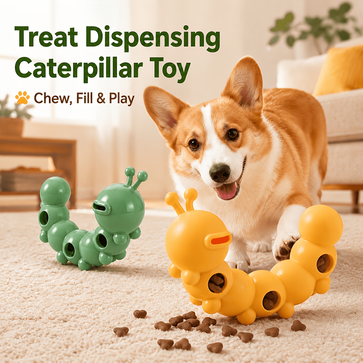 TEMU Dog Caterpillar Leak-out Toy, Chew-resistant Dental Snack Dispenser, Brain-stimulating Boredom-relief Teeth Cleaning Toy, Suitable For Corgi,