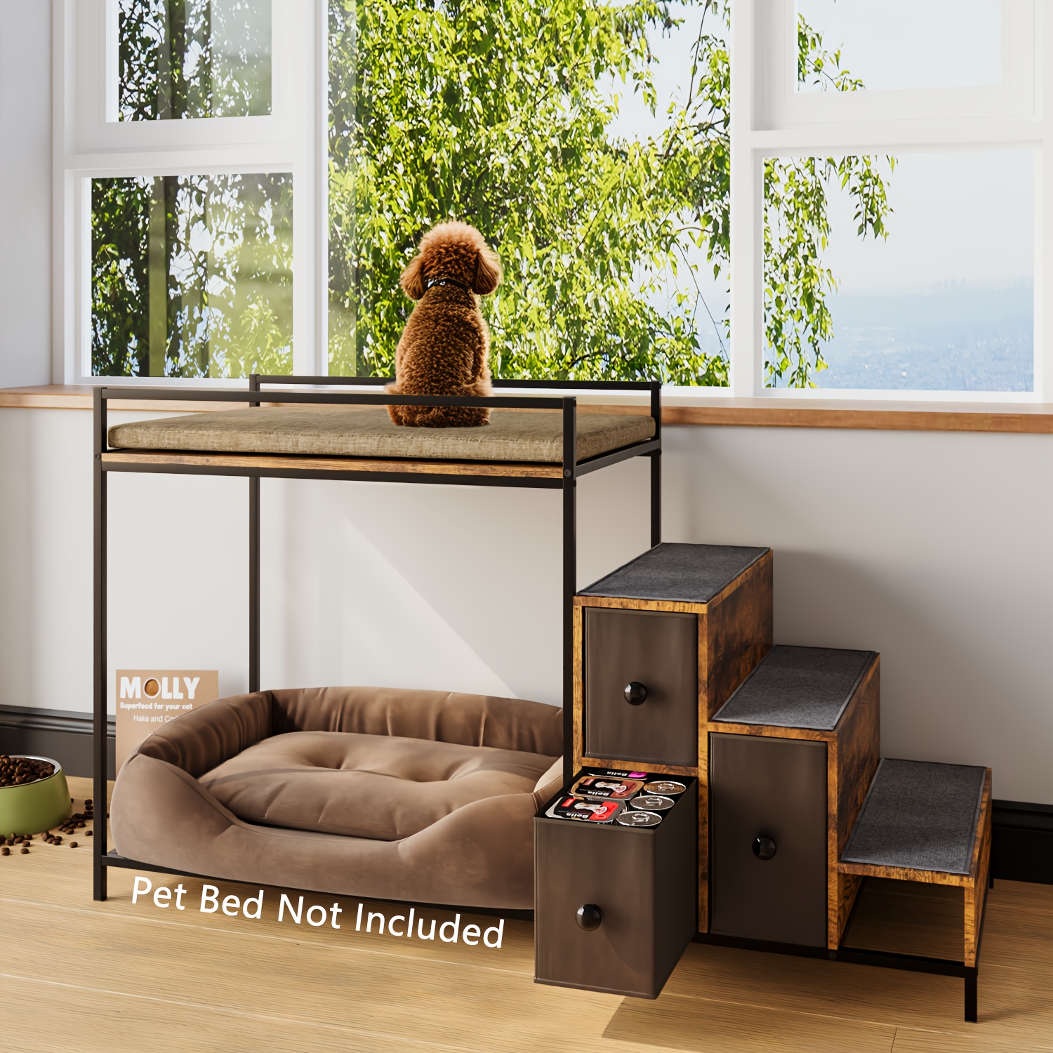 pet window perch with stair and storage 3 drawers large pet bunk bed for dogs and cats multi level platform with foam upholstery Product details 2