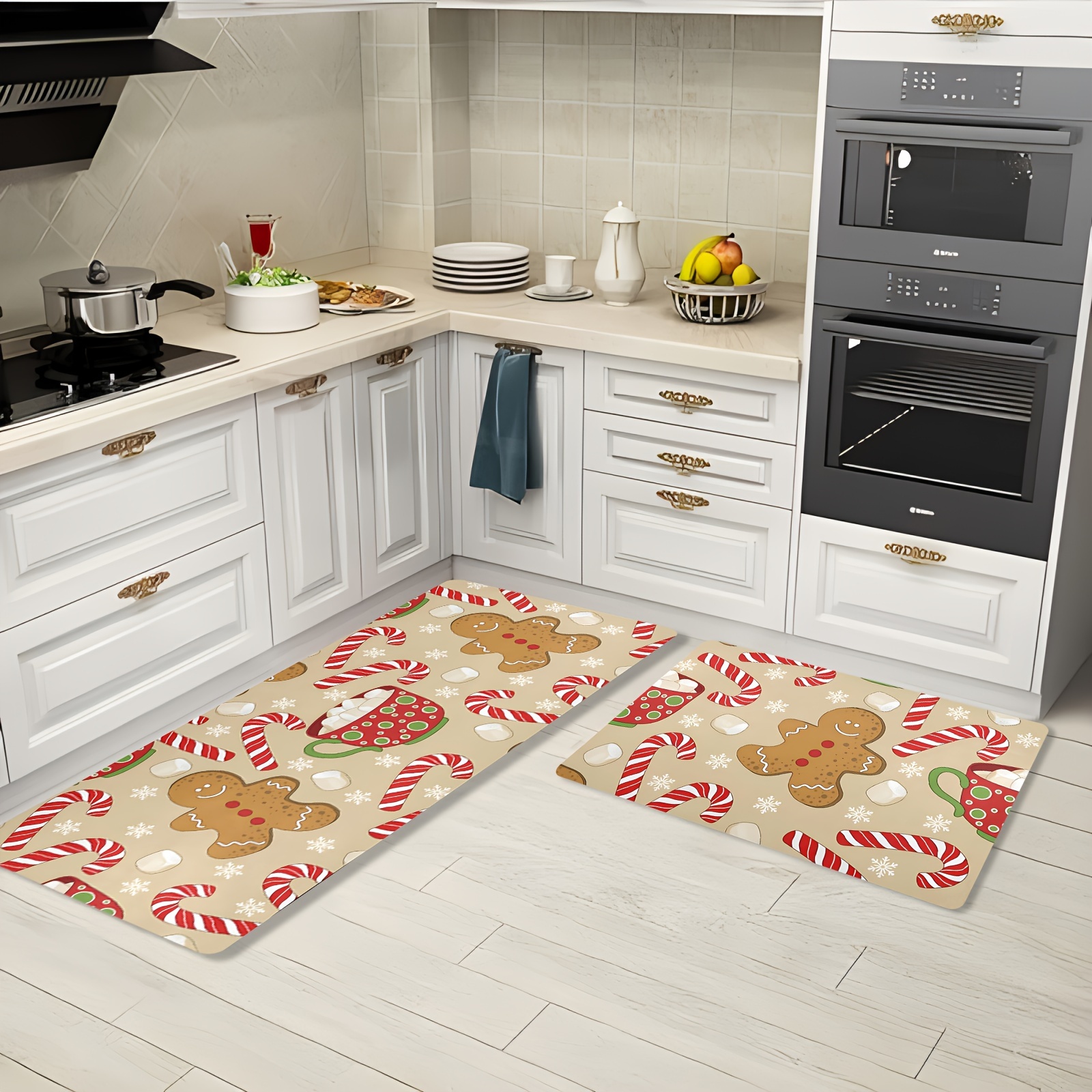 

Christmas-themed Kitchen Rug Set (2pcs) - & Gingerbread , Non-slip & Machine Washable, Living Room, Bedroom, And Home Decor