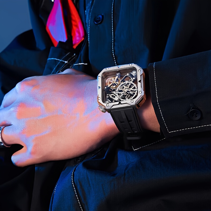 Men's Classic Square Skeleton Mechanical Watch with Fluoroelastomer Strap
