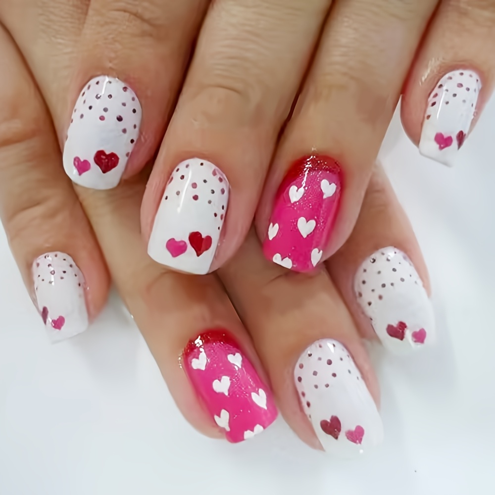 

24pcs Valentine's Day Press-on Nails Set, Square Medium Length Nails With Glitter Hearts & , Love Holiday Nail Art For Women