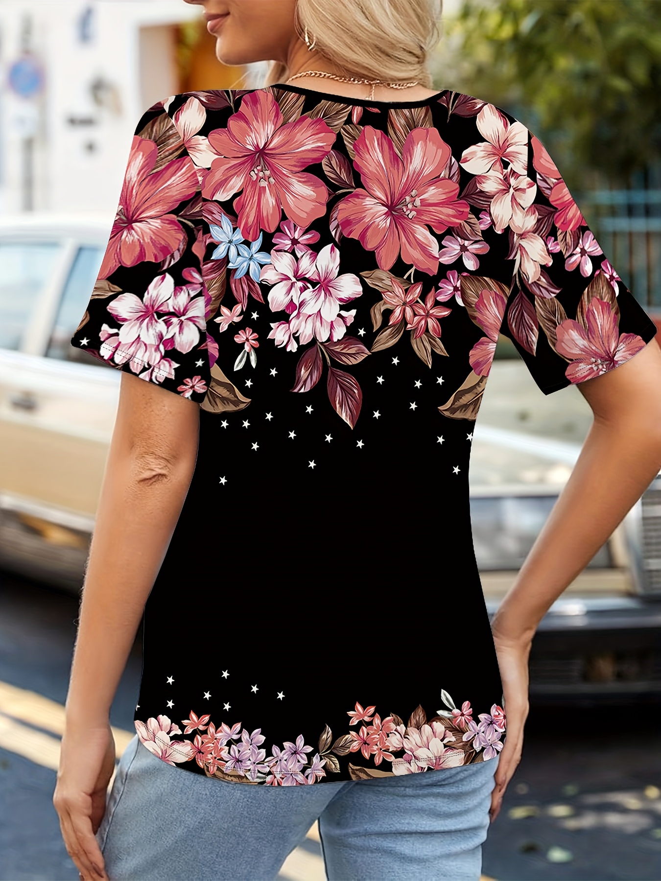 womens floral print v neck short sleeve t shirt casual Temu