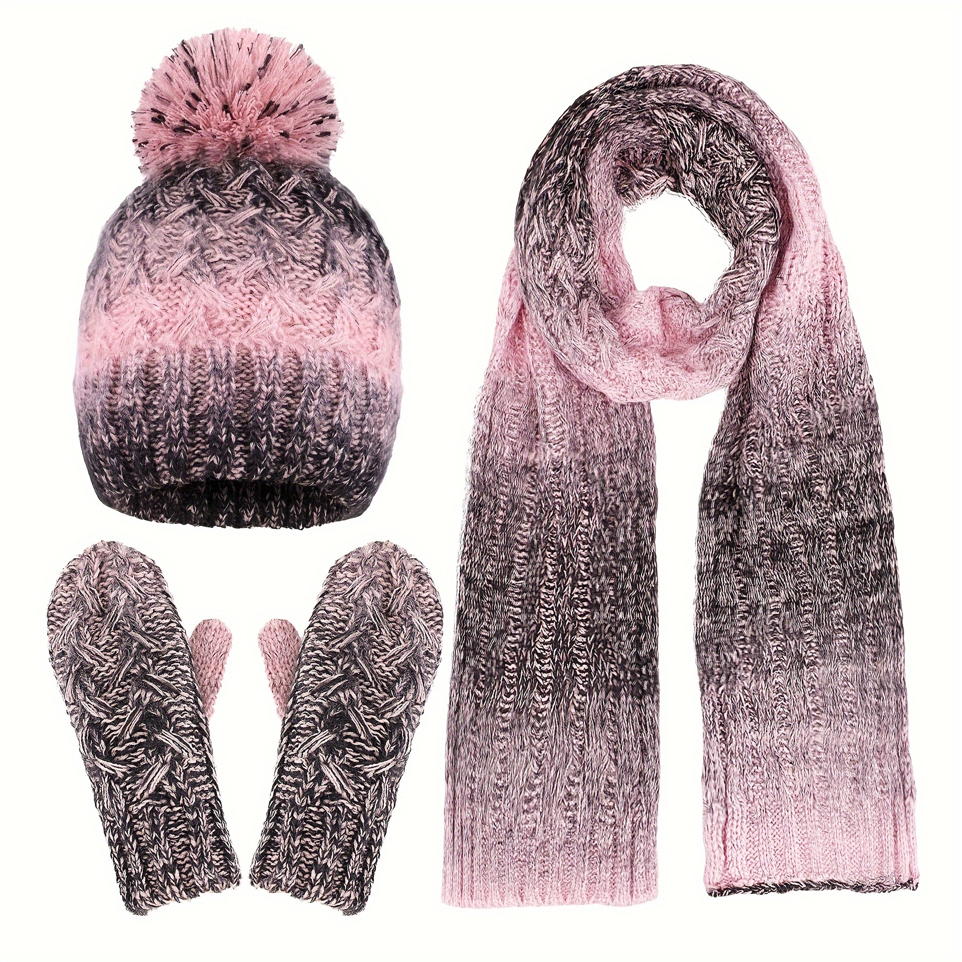 

3pcs/set Gradient Color Knitted Scarf Mittens Beanie Combination, Thick Warm Skull Cap With Pom Pom, Elastic Coldproof Gloves, Long Elegant Neck Scarf