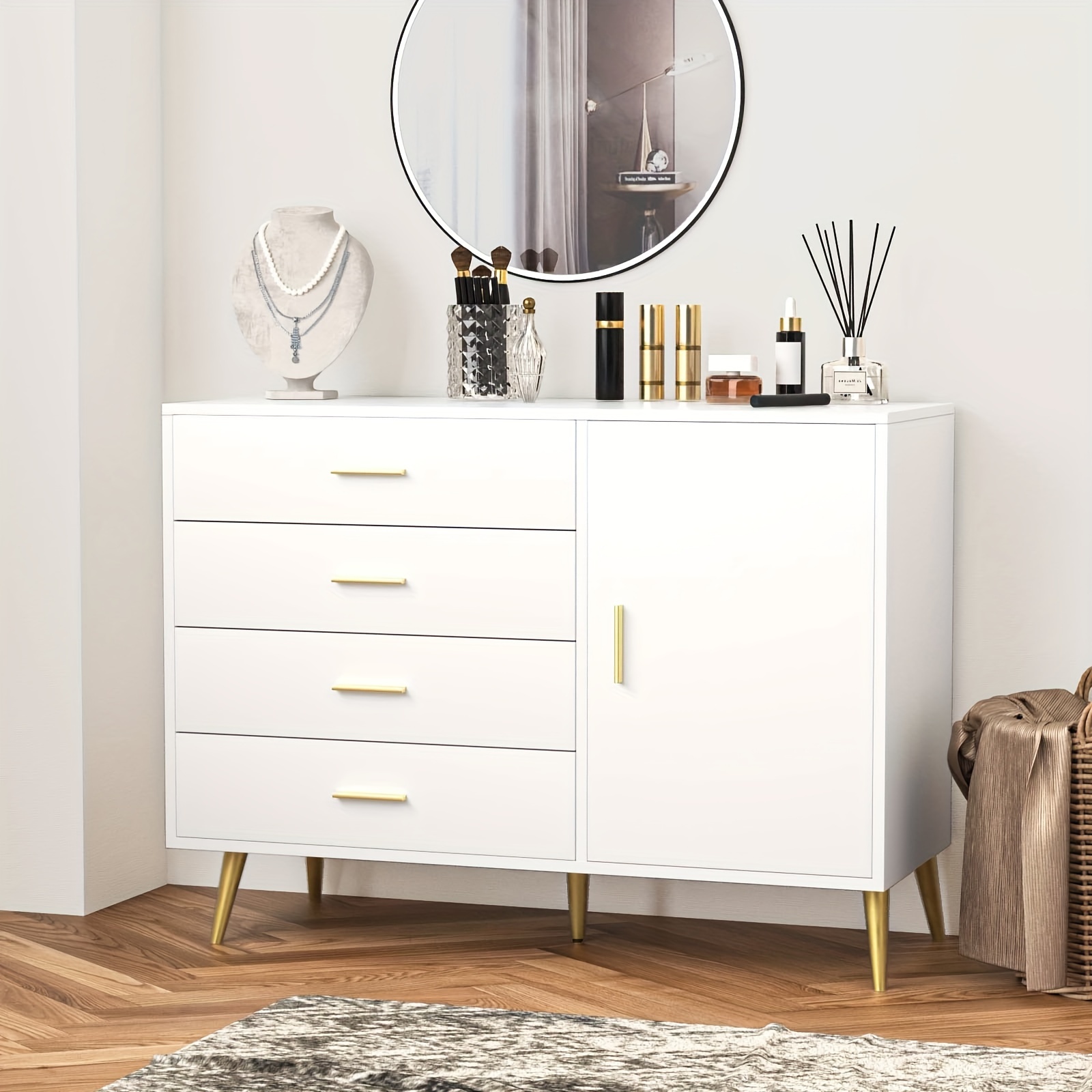 

Storage Cabinet With Drawers & Door, Sideboard Cabinet With Adjustable Shelf, Printer Stand For Home Office, Free Standing Accent Cabinet For Living Room, Bedroom And Hallway