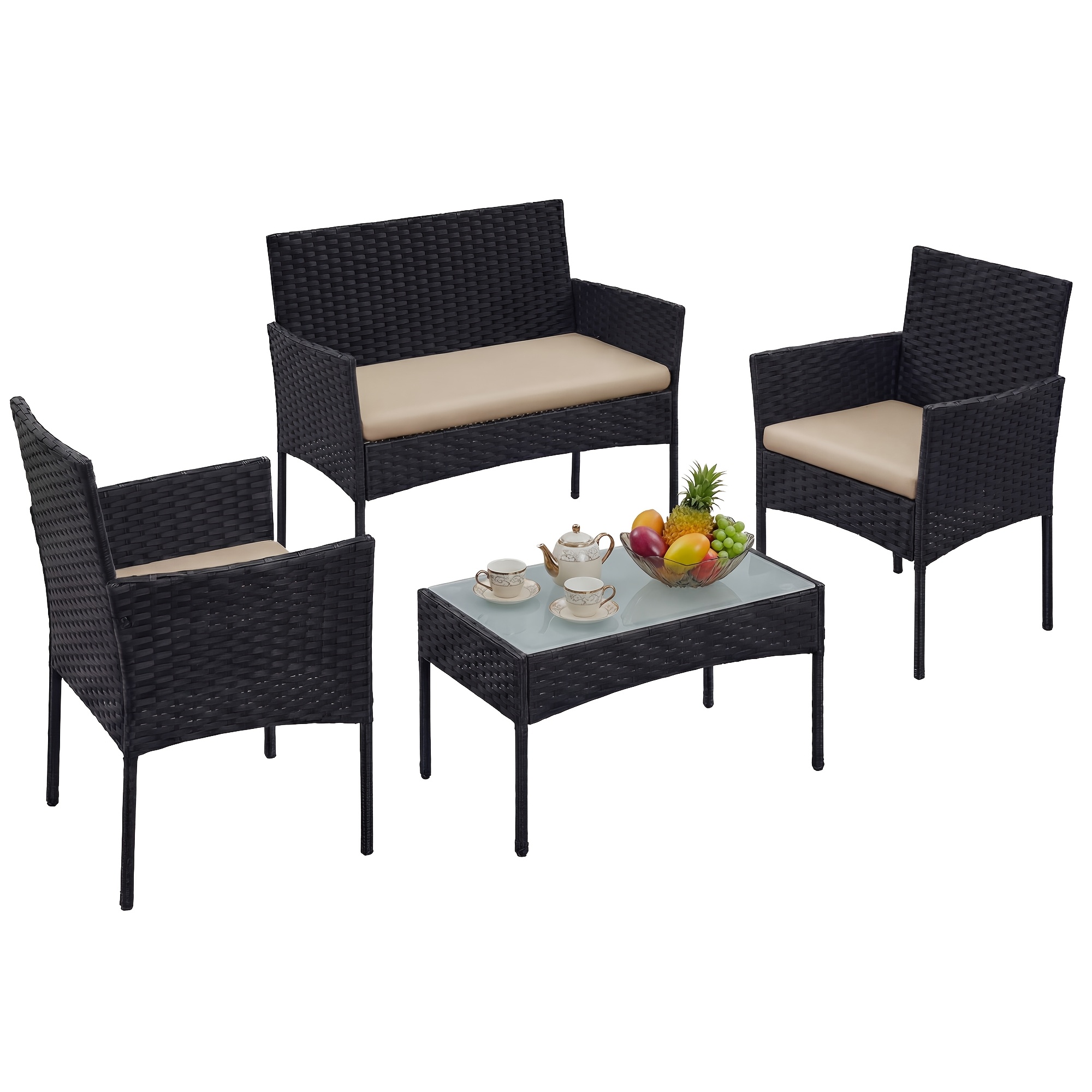 TEMU Ensemble de mobilier de balcon et de jardin en rotin PE, salon de détente de patio pour balcon ou terrasse, marron et taupe, noir, Chaise : 56 x