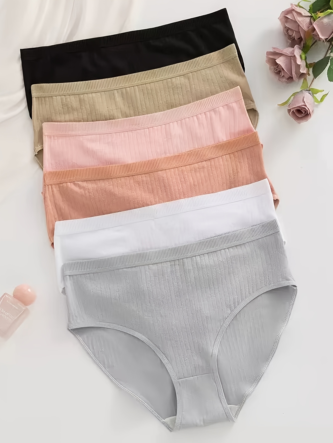 imagen del artículo juego de 6 piezas de ropa interior de talla   para mujer, bragas de algodón   y transpirables, color liso simple, de cintura  , tipo  ,  , cómodas, elásticas, sin costuras, de   total, ideales para uso   casual