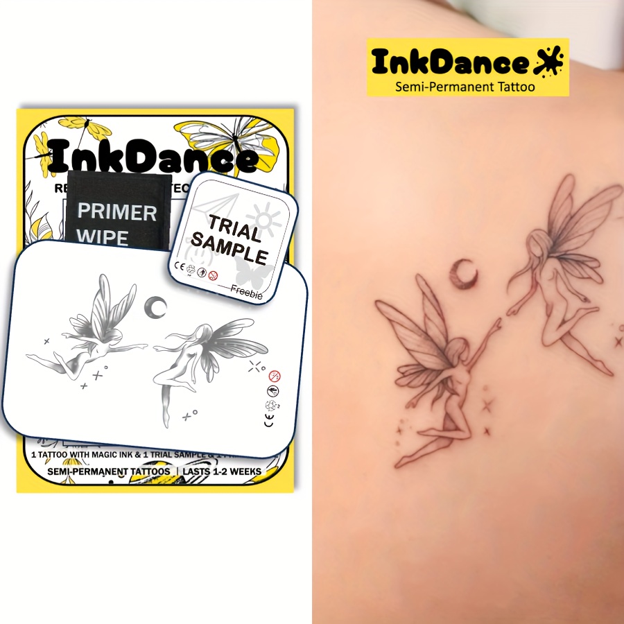 Image of Inkdance Semi-permanent Tattoo Stickers, Temporary Body Art, Waterproof, Natural Plant Formula, Realistic, Includes Primer Wipe, 1 Tattoo Design With , Wings, Heart, Sun, Moon, Flowers, Gift Size X176